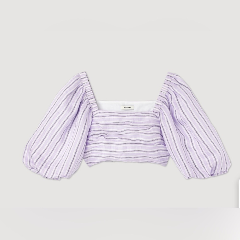 Sandro Lilac Striped Linen-Blend Puff Sleeve Cropped Top Size Small